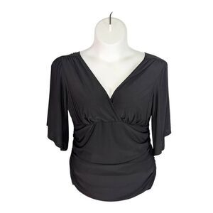 Kiyonna 1X Black Top Flutter Sleeves Faux Wrap Evening Vacation Goth Holiday